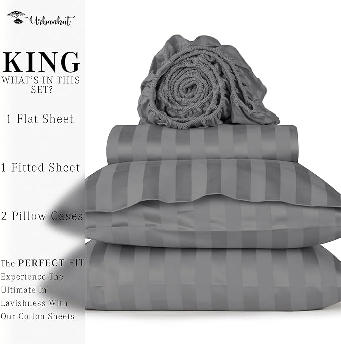 URBANHUT 1000 Thread Count Egyptian Cotton Sheets Damask Striped King Size, Long Staple Soft & Breathable, 4 Pc Bed Sheet Sets, Luxury Hotel Sateen Sheets Fits 16" Deep Pocket - Dark Grey