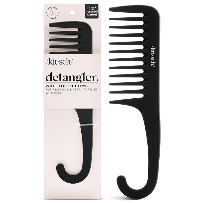 Kitsch Wide Tooth Detangler Comb - Curved Handle for Curly, Wet & Thick Hair, Black Shower Comb for Women