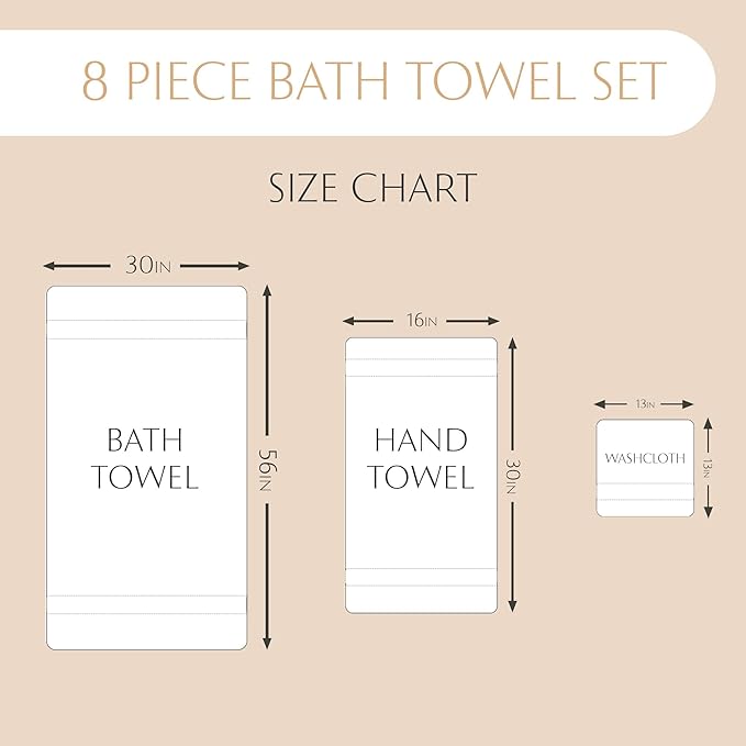 MAURA Ivory Bath Towel Set of 8 for Bathroom. Turkish Cotton Luxury Bath Towels. Extra Large, Thick, Plush & Soft. Hotel & Spa Quality - Cream