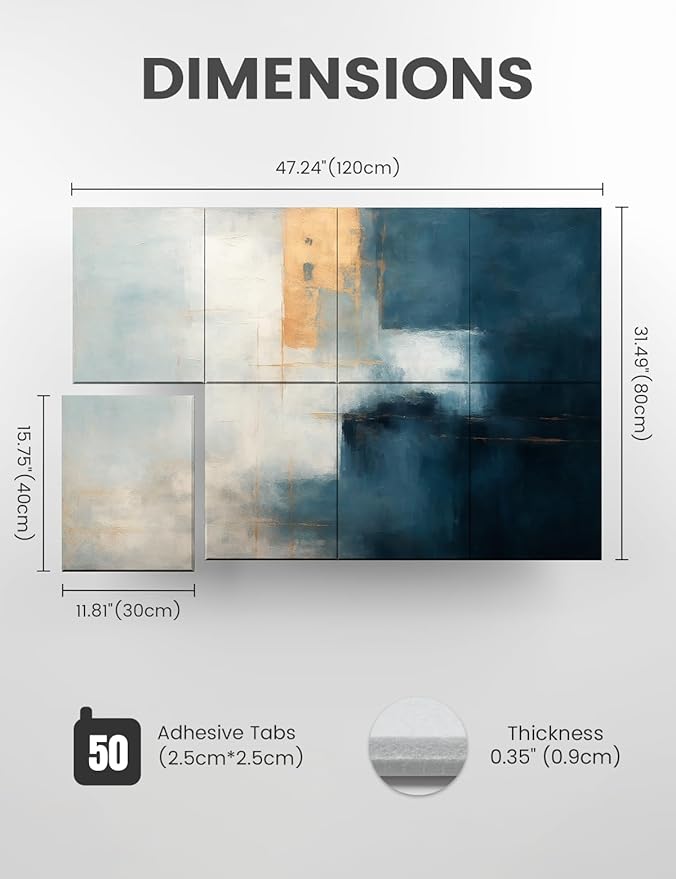 Wall Art Acoustic Panels,47''X31''Soundproof Wall Panels-8-Pack with 50 Adhesive Tabs, Decorative Sound Absorbing Panels for Living Room and Recording Studio, Offices-Azure Horizon