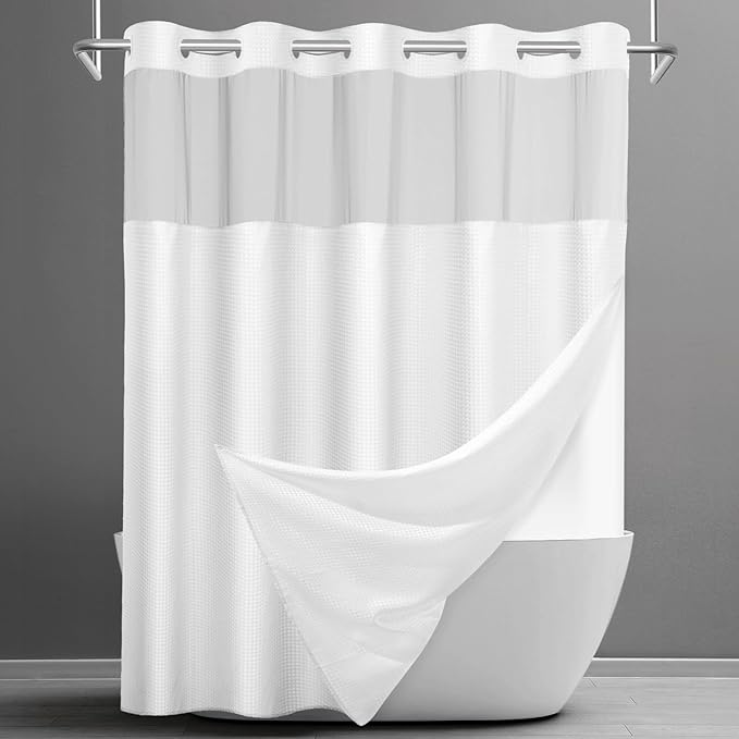 No Hook Shower Curtain with Snap in Liner Set Waffle Shower Curtain for Bathroom Hotel Style Fabric Waterproof Inner Liner，71" W x 74" H, White