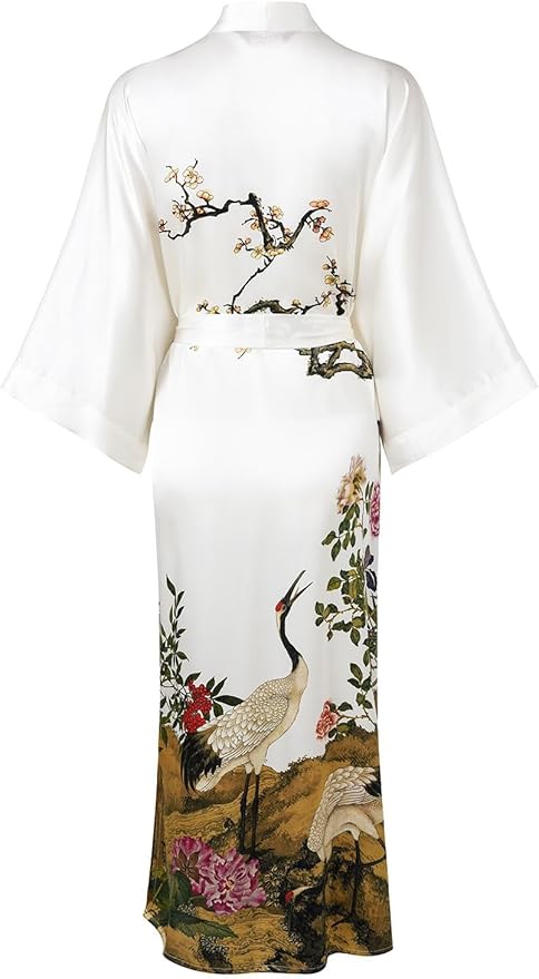 Women's Silk Kimono Robe Long Bathrobe Nightgown 100% Mulberry Silk for Women - Classic Floral Pattern