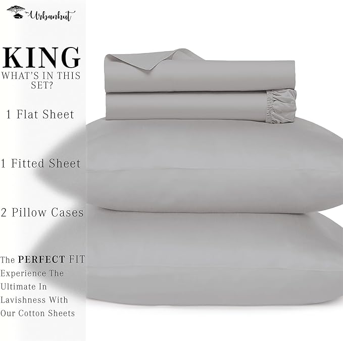 URBANHUT 700 Thread Count Egyptian Cotton Sheets King Size, 4Pc Sheet Set Soft Luxury Bed Sheets for King Size Bed, Sateen Weave Hotel Sheets, 16'' Elasticized Deep Pocket - Silver Grey