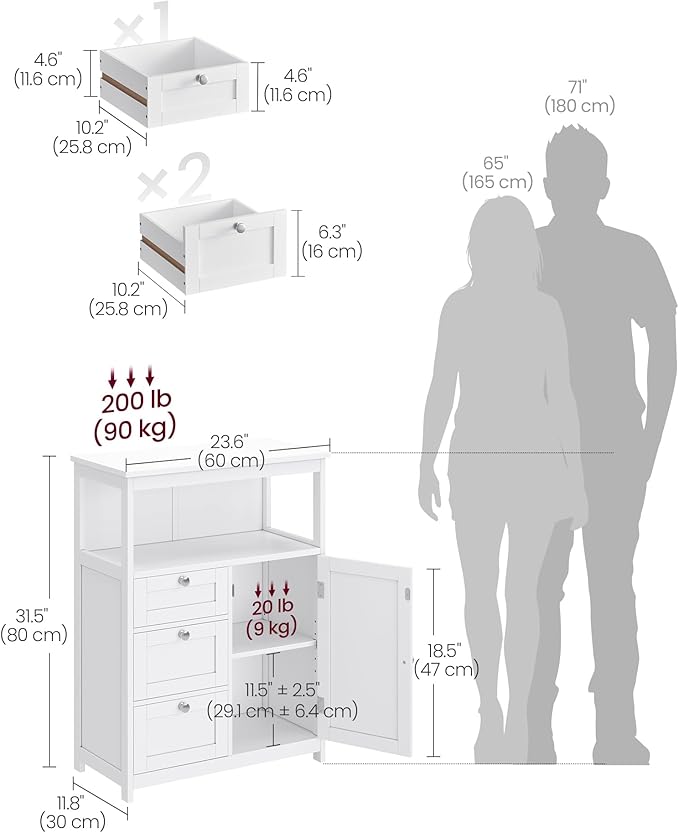 VASAGLE Floor Storage Cabinet, Freestanding Storage Unit with 3 Drawers, Adjustable Shelf, 11.8 x 23.6 x 31.5 Inches, for Living Room, Bathroom, Entryway, White UBBC542P31V1