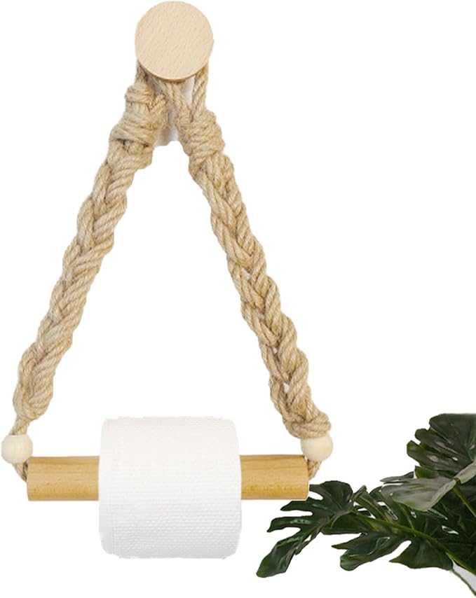 Rattan Toilet Paper Holder, Boho Rope Wood Hanging Tissue Rolls Paper Holder Wall Mounted, Rustic and Natural Unique Bathroom Accessories with Self-Adhesive Seamless Screw