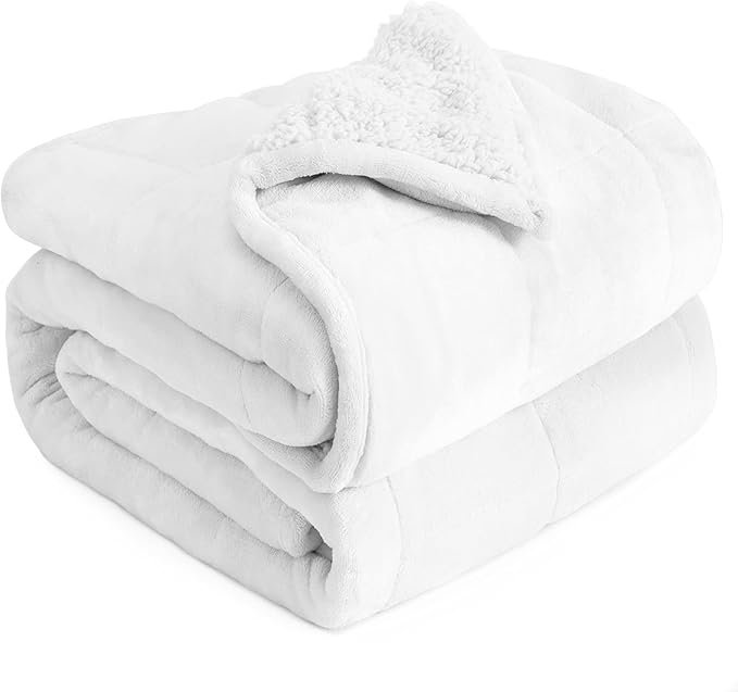 Cottonblue Weighted Blanket 15 lbs 60x80 inches, Queen Size Flannel and Shaggy Sherpa Warm Heavy Blanket, Great for Calming and Relax, Fluffy Soft Bedding Blanket, Snow White
