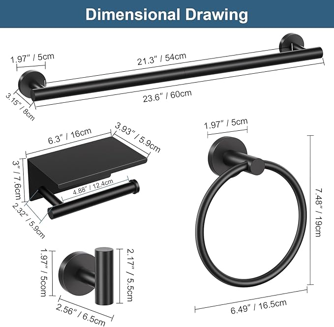 Matte Black Bathroom Hardware Set, 5 Pieces Black Towel Bar Bathroom Accessories Set, Upgraded Toilet Paper Holder with Shelf, 23.6 Inch Towel Rack Towel Holder for Bathroom Wall
