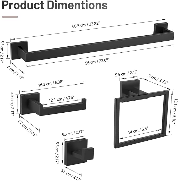 YACVCL Matte Black Bathroom Hardware Set,10 Pieces Towel Bar Set,Towel Holder Set for Bathroom SUS304 Stainless Steel Wall-Mounted Towel Rack Set,23.6 Inch Black Bathroom Accessories