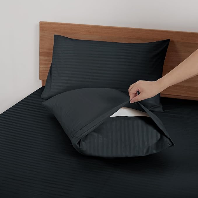 Mejoroom Striped Queen Size Sheet Set - Hotel Luxury 1800 Bedding Sheets & Pillowcases - Deep Pocket Fitted Sheet, Soft, Breathable, Wrinkle & Fade Resistant - 4 Piece (02-Black)