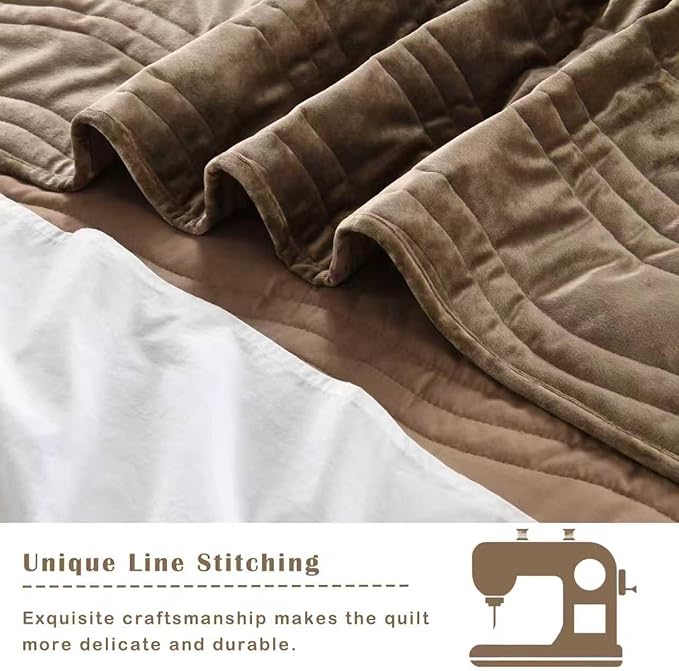 Velvet Quilt Set, Mocha Brown Velvet Quilt Queen Size Comforter Set, Luxury Bedding Soft Plush Bedspread, Machine Washable Coverlet, All-Season 3 Pieces