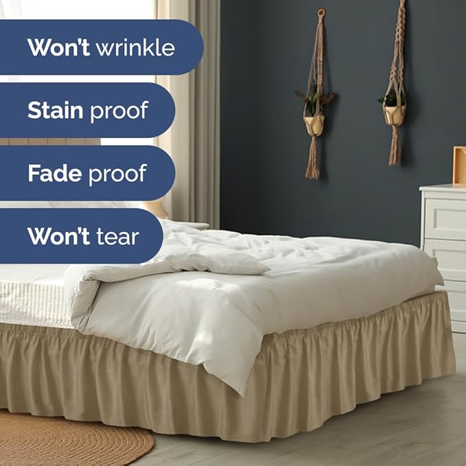 Wrap Around Dust Ruffle Bed Skirt - Khaki - for Full Size Beds w/ 15 Inch Drop - Easy Fit Elastic Strap - Adjustable Pleated Bedskirt w/Brushed Fabric - Wrinkle Free - for Women, Men, Kids & Teens