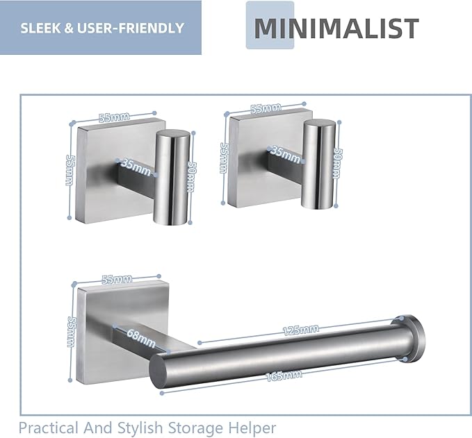 Brushed Nickel Bathroom Hardware Set, Toilet Paper Holder with 2 Square Towel Hooks, 3PCS SUS 304 Stainless Steel Set, Wall Mounted, Rust Resistant, Modern Fingerprint-Free Finish (Silvery)