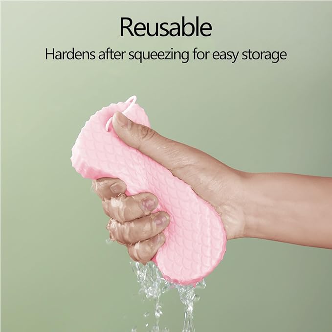 SODOI Shower Sponge 6-Pack 3D Ultra-Soft Exfoliating Bath Sponge Gentle on Skin Suitable for Adults Children and Pregnant Women Reusable (1 White + 1 Gray + 2 Blue + 2 Pink) + 6 Clear Hooks