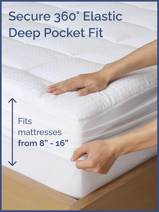 Mattress Pad Full Size – Quilted Fitted Mattress Protector – Cotton Pillow Top Cover w/ 8-16" Deep Pockets – Thick, Comfy & Plush – Cooling, Breathable & Noiseless – Machine Washable – 54 x 75 (White)