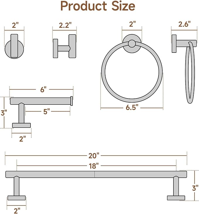 USHOWER Matte Black Bathroom Hardware Set, Modern 18-Inch Towel Bar Set Wall Mounted, Durable SUS304 Stainless Steel Bathroom Accessories Set, 4-Piece