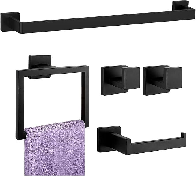 Bathroom Accessory Towel Bar Set: 5 Pieces Matte Black Square Bathroom Hardware SUS304 Stainless Steel - 24 Inch Wall Mounted Towel Rack&Toilet Paper Holder&Towel Ring and Towel Hook