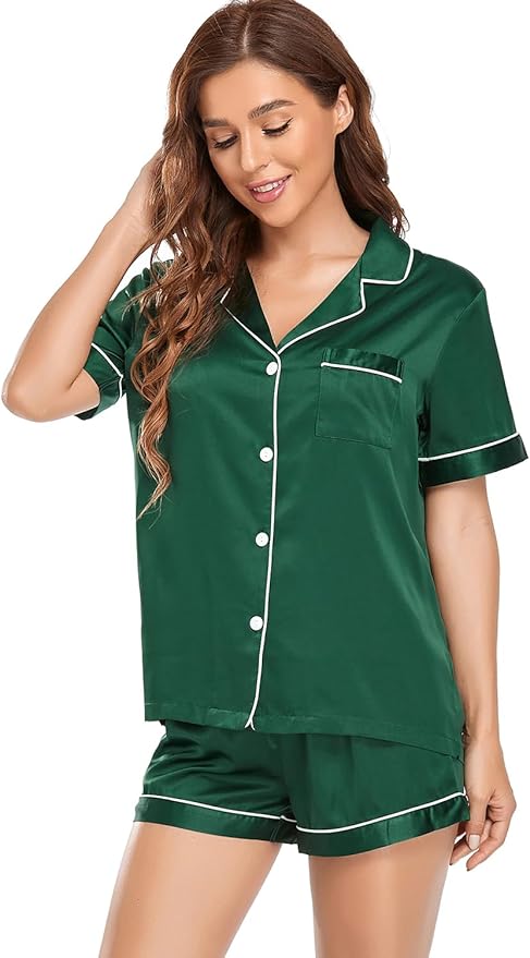 Women's Satin Pajama Set 2-Piece Sleepwear Loungewear Button Down Short Sleeve Silky PJ Set