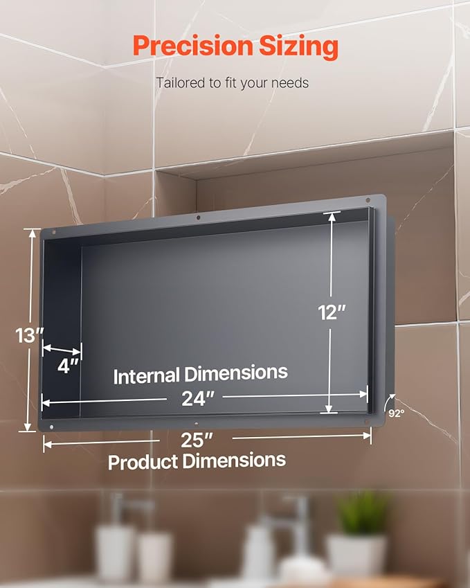 VEVOR Shower Niche, 13 x 25 x 4 inch Frameless Recessed Wall Niche, Heavy-Duty Stainless Steel Modern Shampoo Storage Organizer, Sealed Waterproof, Durable & Easy to Install, Black for Bathroom