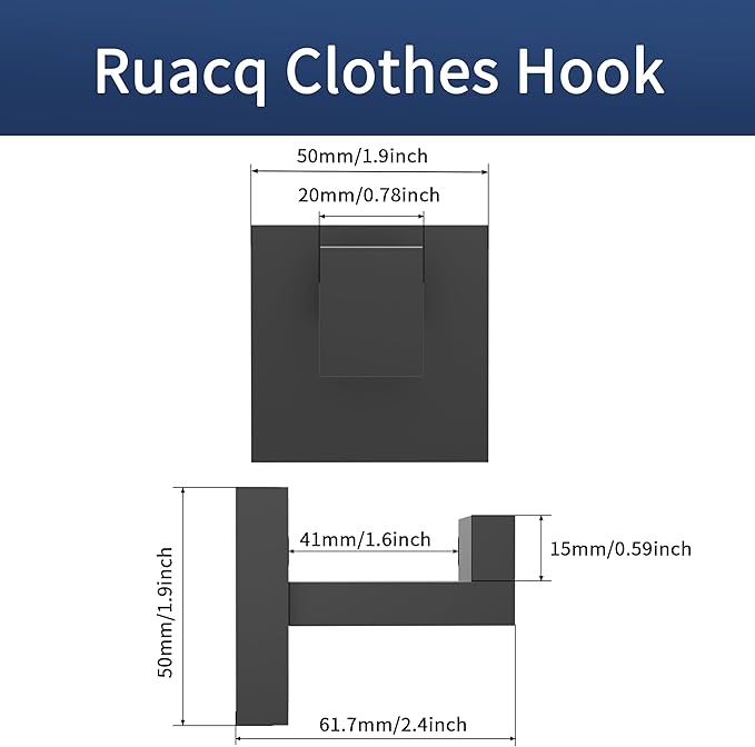 Ruacq Double Towel Hook Matte Black Square Base Bathroom Robe Towel Holder Hand Towel Hanger Stainless Steel Modern Wall Mounted