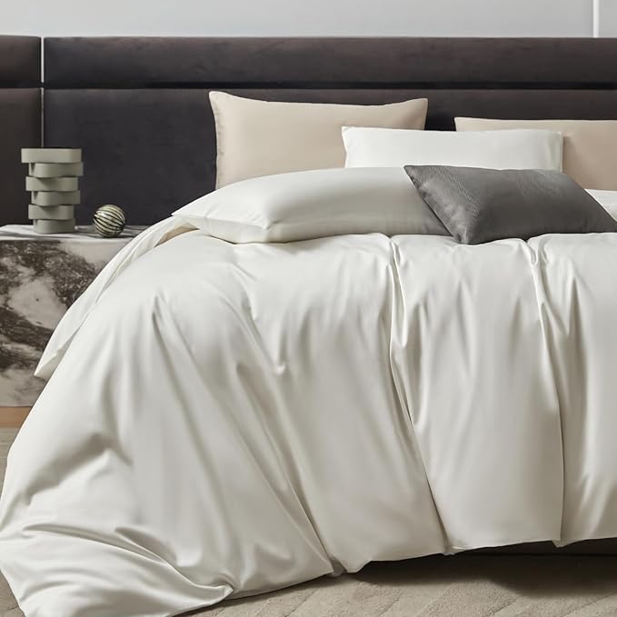 PURE ERA Duvet Cover Set 800 Thread Count Long Staple Cotton Sateen Silky Soft Luxurious Smooth 3 Piece Set Solid White King