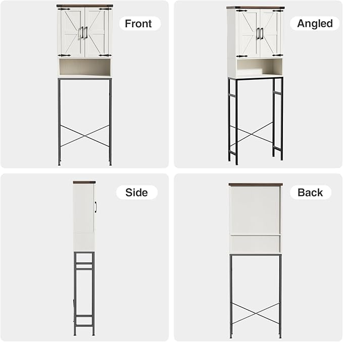 Over The Toilet Storage Cabinet with Farmhouse Doors and Adjustable Shelf, Tall Bathroom Organizer with Metal Stand Space Saver Over Toilet , Wood Rack for Bathroom, Restroom, Laundry, White
