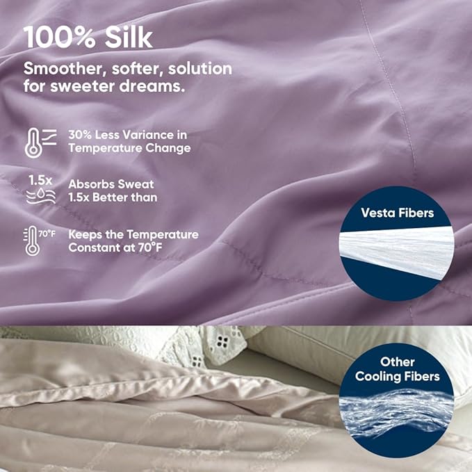 Vesta Washable Silk Lightweight Comforter, Cooling Blanket for Hot Sleepers, 100% Long Staple Mulberry Silk, Moisture & Thermal Control for Summer Use (Zen Purple, Full/Queen 90'' X 90'')