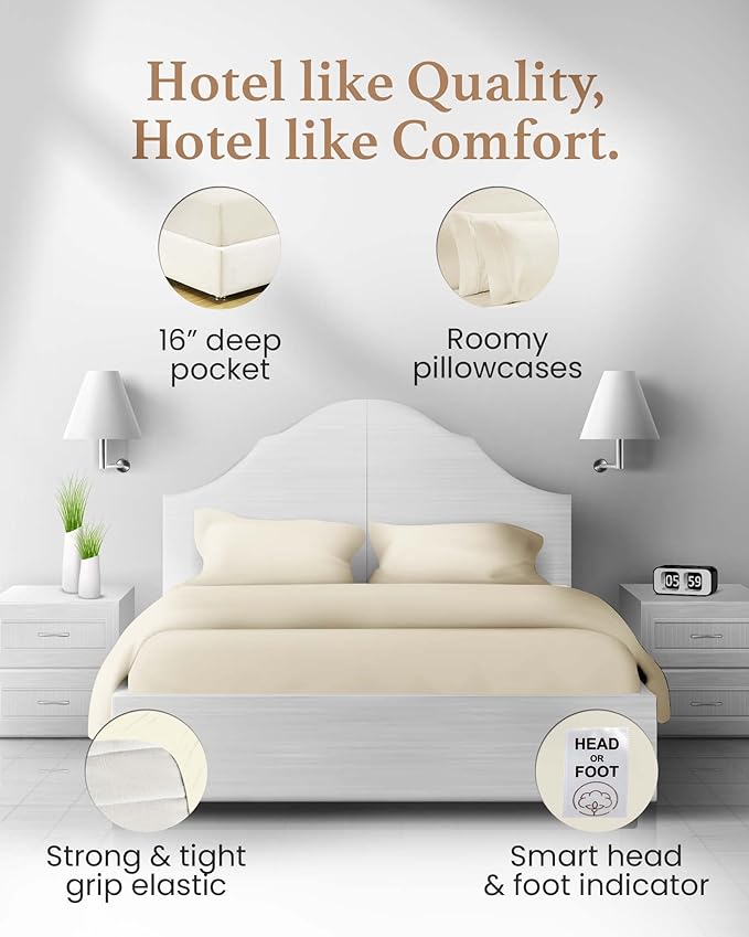 Good Sleep Bedding Cotton Sheets: 100% Long Staple Egyptian Cotton Queen Size BedSheets, 4 Piece Cotton Ivory Sheet Set, Fits Mattress Upto 16 Inches Deep Pocket Queen- 4 Pc Sheet Set