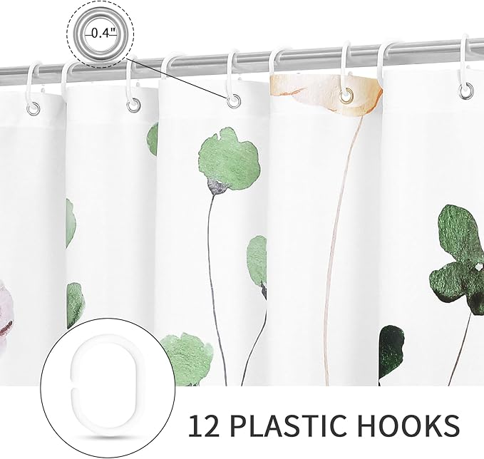 Gibelle Long Shower Curtain 72 x 78, Watercolor Floral Fabric Shower Curtain, Sage Green Beige Flower Decorative Bathroom Shower Curtain Set with Hooks