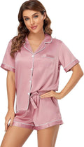 Women's Satin Pajama Set 2-Piece Sleepwear Loungewear Button Down Short Sleeve Silky PJ Set