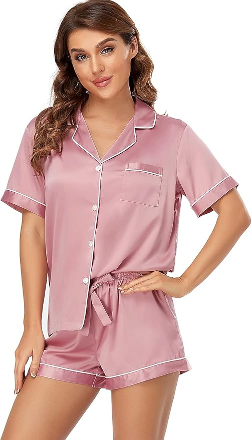 Women's Satin Pajama Set 2-Piece Sleepwear Loungewear Button Down Short Sleeve Silky PJ Set