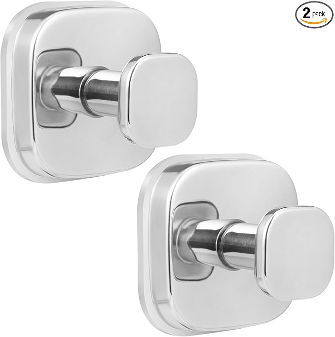 No-Drill Reusable Suction Cup Hooks, Towel, Robe, Loofah, Coat Hook for Glass, Mirror, Tile, Shower, Bathroom, Kitchen & Metal (Smooth, Non-Porous Surfaces) (2, Chrome Polished)