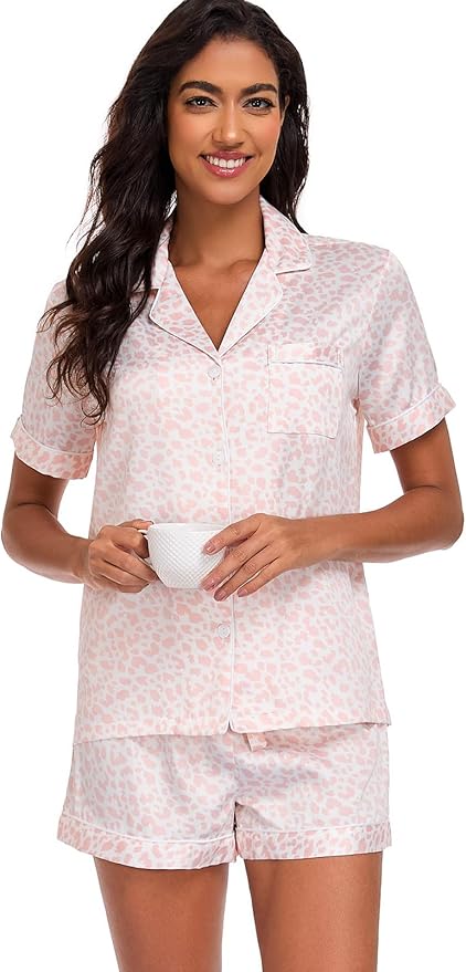 Women's Satin Pajama Set 2-Piece Sleepwear Loungewear Button Down Short Sleeve Silky PJ Set