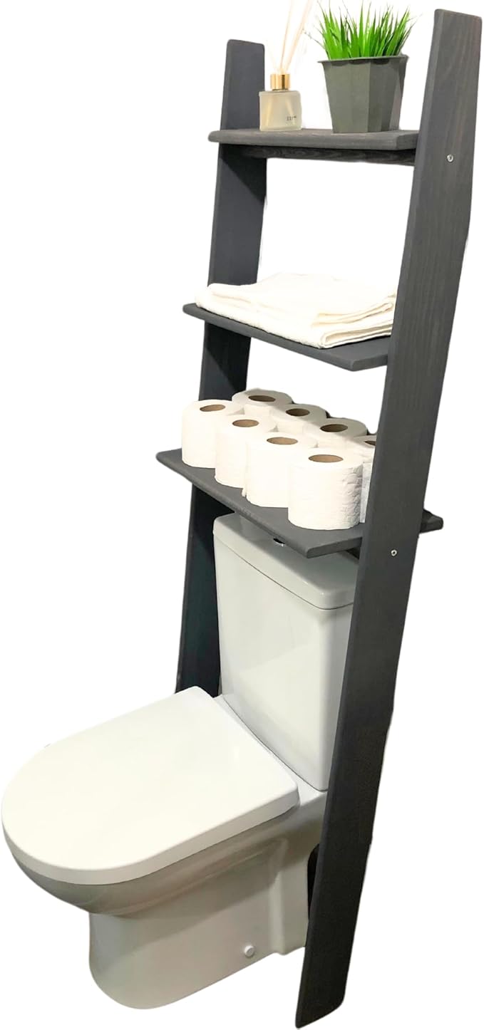 Over The Toilet Bathroom Organizer Shelves, 3-Tier Freestanding Above Toilet Storage Ladder Shelf, Standing Space Saver Behind Toilet Small Bathroom Organizer (Grey)