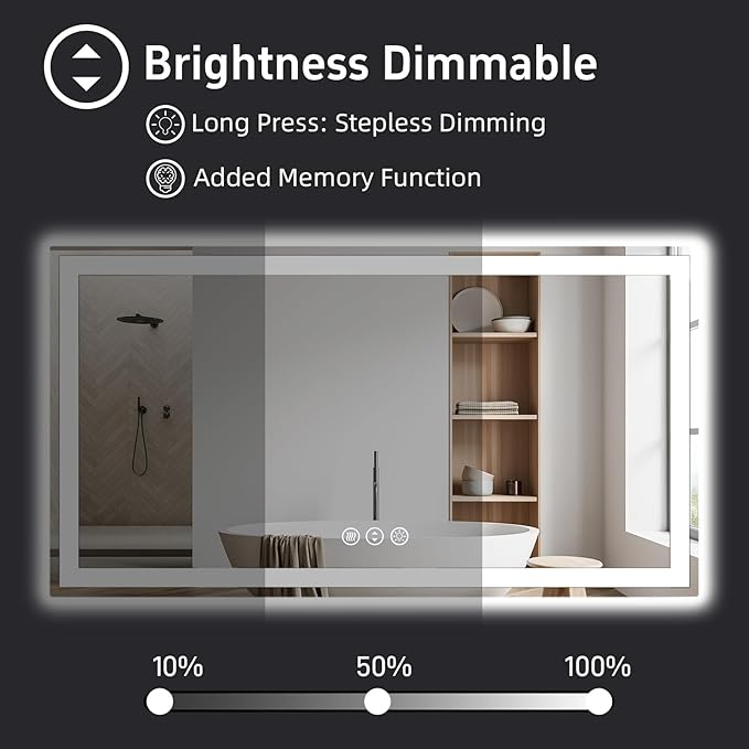 55"x 36" LED Bathroom Mirror with Lights, Double Lighting Sources Dimmable, Backlit + Front Lit, Anti-Fog, 3 Colors Lighted Bathroom Vanity Mirror for Wall Tempered Glass (Horizontal/Vertical)