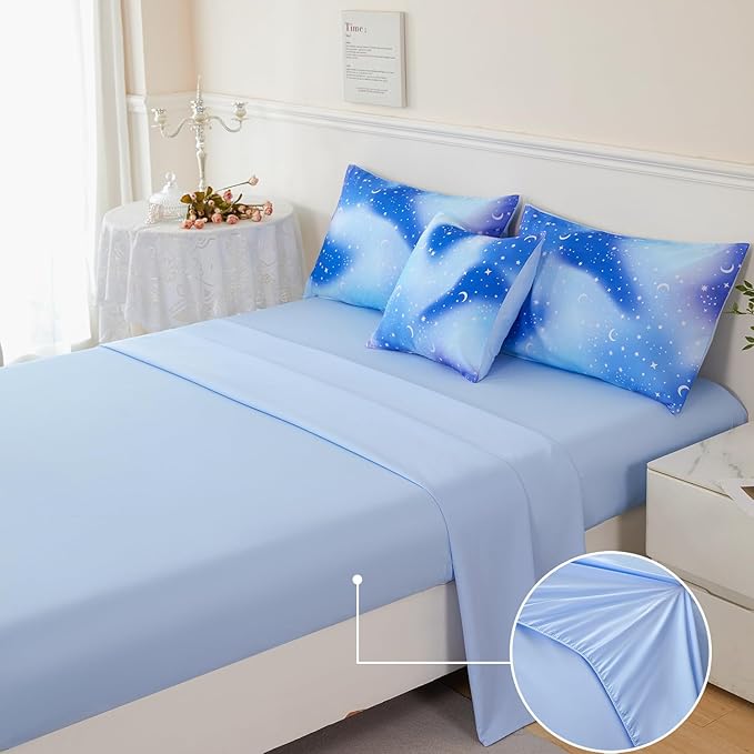URBONUR 6Pcs Gradient Glitter Comforter Set for Girls Twin Size Blue Galaxy Kids Bedding Set for Boys Comforter Sets Soft Bed in A Bag Twin (Ombre Blue)