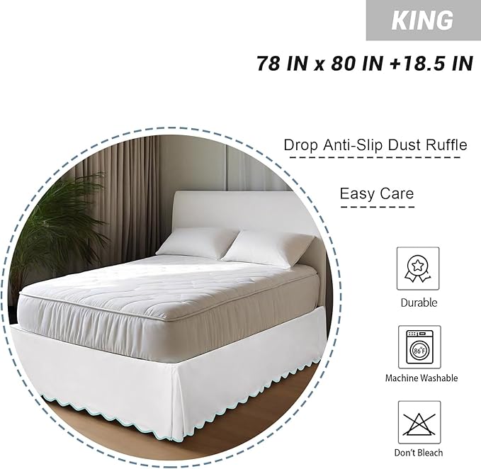 HIG King Bed Skirt - Easy Fit Scallop Edge Pleated Bedskirts with Spilt Coner, 18 Inch Drop Anti-Slip Dust Ruffle, Thick Fabric for Enhanced Privacy, Pre-Washed for Long-Lasting Use, Machine Washable