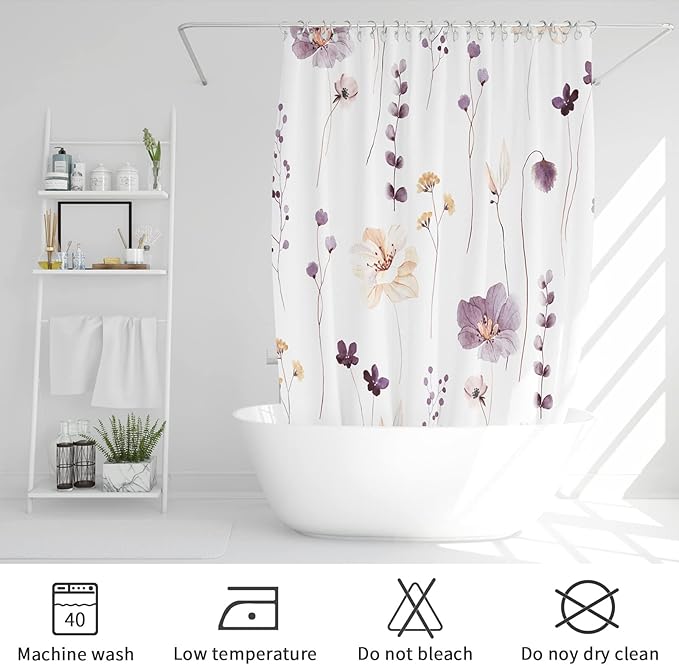 Gibelle Small Stall Shower Curtain 36 x 72, Narrow Half Watercolor Floral Fabric Shower Curtain, Plum Beige Flower Decorative Bathroom Shower Curtain Set with Hooks