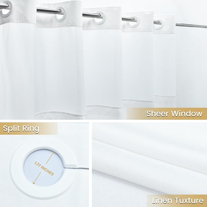 No Hook Shower Curtain with Snap in Liner, Polyester Textured Shower Curtain with Liner Set, Waterproof Washable Hotel Style Shower Curtains for Bathroom, 71Wx77H, White