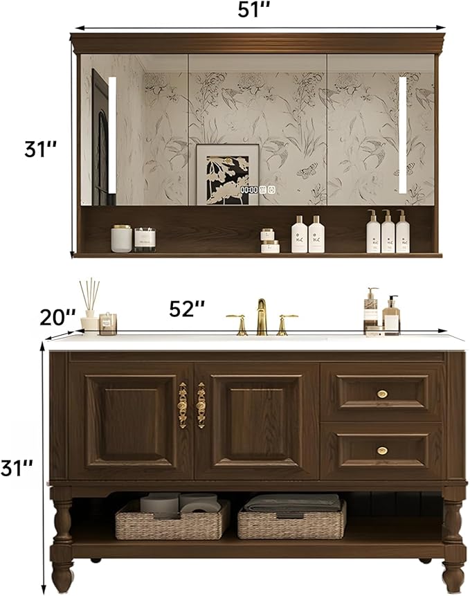 52" Bathroom Vanity with Sink,Freestanding Bathroom Vanity Large Storage Cabinet & Open Mirror Cabinet,2 Soft Closing Doors and 2 Drawers Solid Wood Luxury Bathroom Vanities Set,Brown