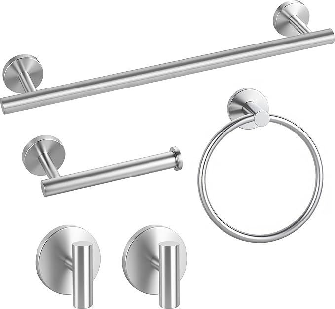 Brushed Nickel Towel Bar Set 5 Pieces, SUS304 Stainless Steel Bathroom Hardware Set, Bathroom Towel Holder Set Wall Mounted-16 Inch Towel Bar, Toilet Paper Holder, Towel Hooks, Towel Ring