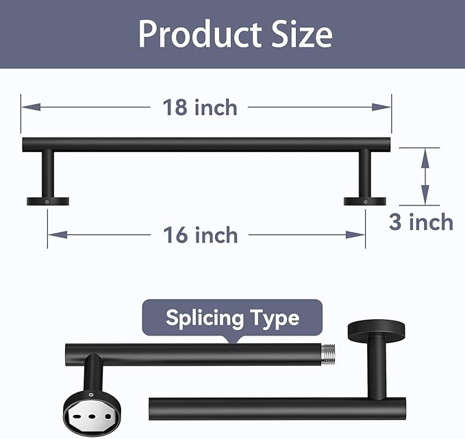 Matte Black Towel Bar, 16 Inch Bathroom Towel Rack, Towel Holder Wall Mounted, Thicken SUS304 Stainless Steel Towel Rod Modern Home Decor (Total Length 18-Inch)