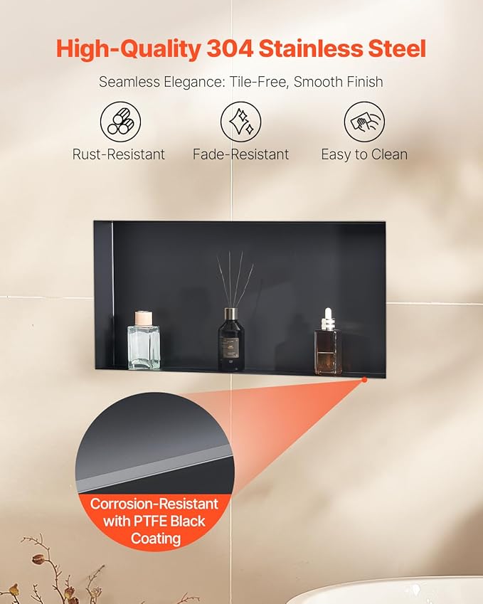 VEVOR Shower Niche, 13 x 25 x 4 inch Frameless Recessed Wall Niche, Heavy-Duty Stainless Steel Modern Shampoo Storage Organizer, Sealed Waterproof, Durable & Easy to Install, Black for Bathroom