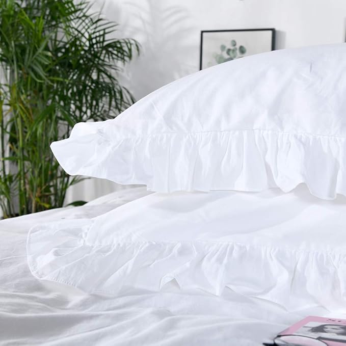 Queen's House White Ruffle Twin Duvet Cover, Washed Cotton Shabby Boho Chic Farmhouse Bedding Comforter Cover 3 Pieces Kids Duvet Quilt Cover Twin Ultra Soft Aesthetic Cute Girls Teen Bedding