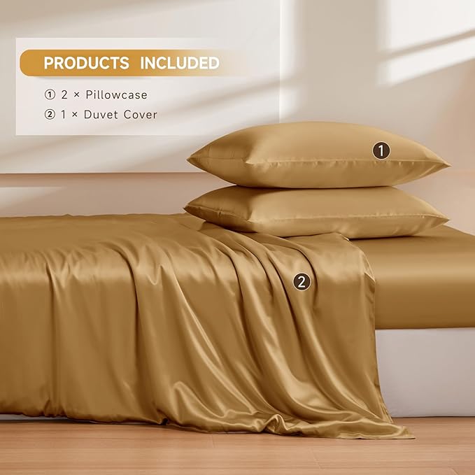 THXSILK 100% Pure Mulberry Silk Duvet Cover Set 3 Piece, 6A+ Grade Luxury Soft Bedding Silk Sheets for Hair and Skin, 1 Pcs Quilt/Comforter Cover with 2 Zippered Pillowcases (Metallic Gold, Twin)