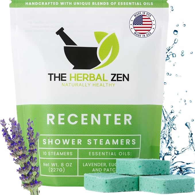Recenter Shower Steamers Aromatherapy for Relaxing - Christmas Gift - Adult Stocking Stuffer - USA Made - Lavender & Eucalyptus Shower Bomb Tablets - Soothing Natural Essential Oils (10 Pack)