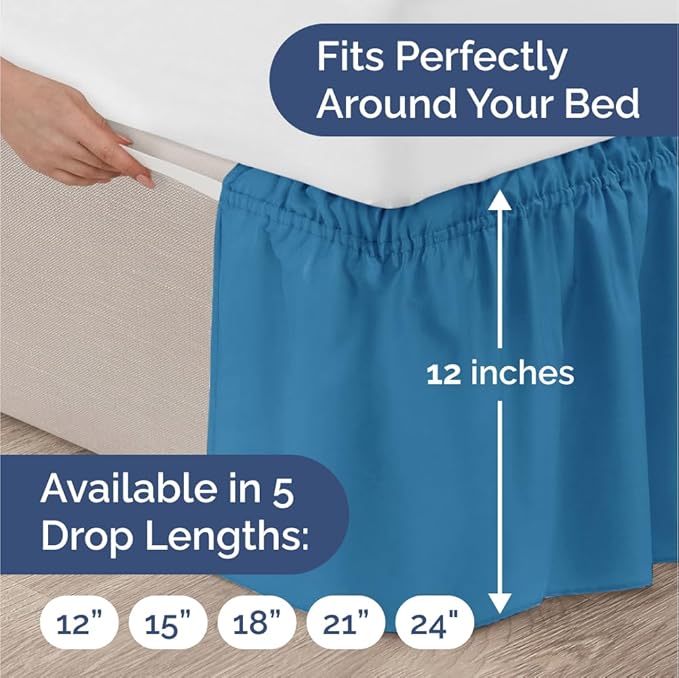Wrap Around Dust Ruffle Bed Skirt - Denim Blue - for Queen Size Beds with 12 Inch Drop - Elastic Strap - Adjustable Pleated Bedskirt with Brushed Fabric and Wrinkle Free - For Women, Men, Kids & Teens