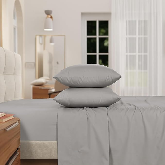IZOD 100% Egyptian Cotton Sheets Set King Size, Cotton Percale Crisp Sheet Set 4Pc,Lightweight & Deep Pocket fits Upto 17", Long-Staple Soft Combed, Hotel Style Luxury Bedding Sheet - Sterling Silver