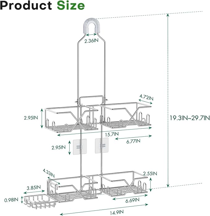 Stainless Steel Shower Caddy for Handheld Shower Heads,Rustproof Hose Shower Organizer Adjustable Length Shower Rack with 24 Hooks,Razor Holder,Soap Holder