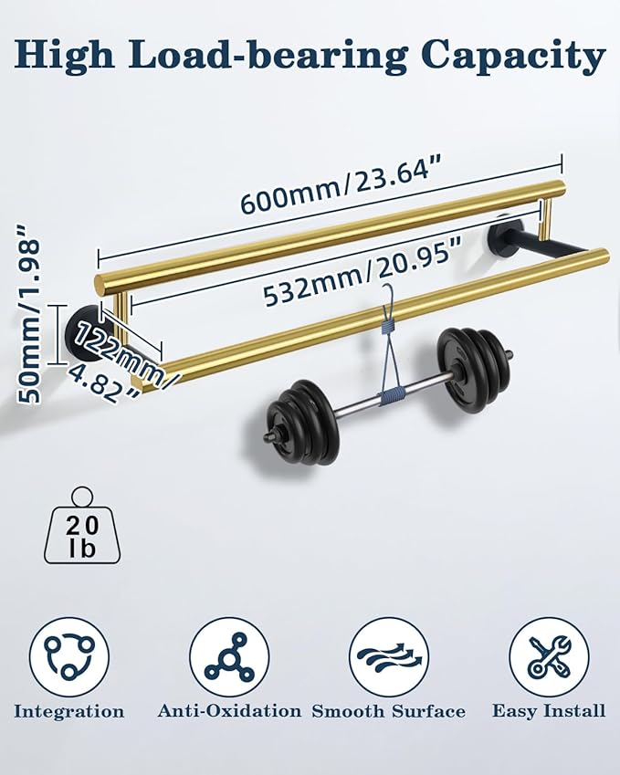 Alise Double Bath Towel Bars,24 Inch Towel Racks for Bathroom,SUS304 Stainless Steel Towel Holder,Towel Holder Wall Mount,Toilet Kitchen Towel Rod,Brushed Gold and Black Finish Towel Rail,GYT6902-GB