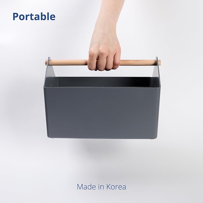 BLUE GINKGO Medium Storage Basket – Plastic Caddy with Wooden Handle for Office, Arts & Crafts, or Home Supplies (Gray)